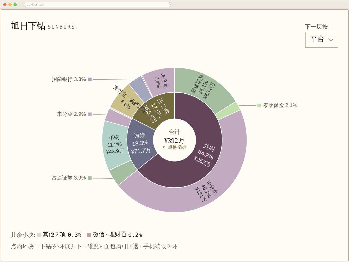 「风险总览」看板的旭日图:内圈风险等级、外圈资产类型。右上换维度、圆心换指标。